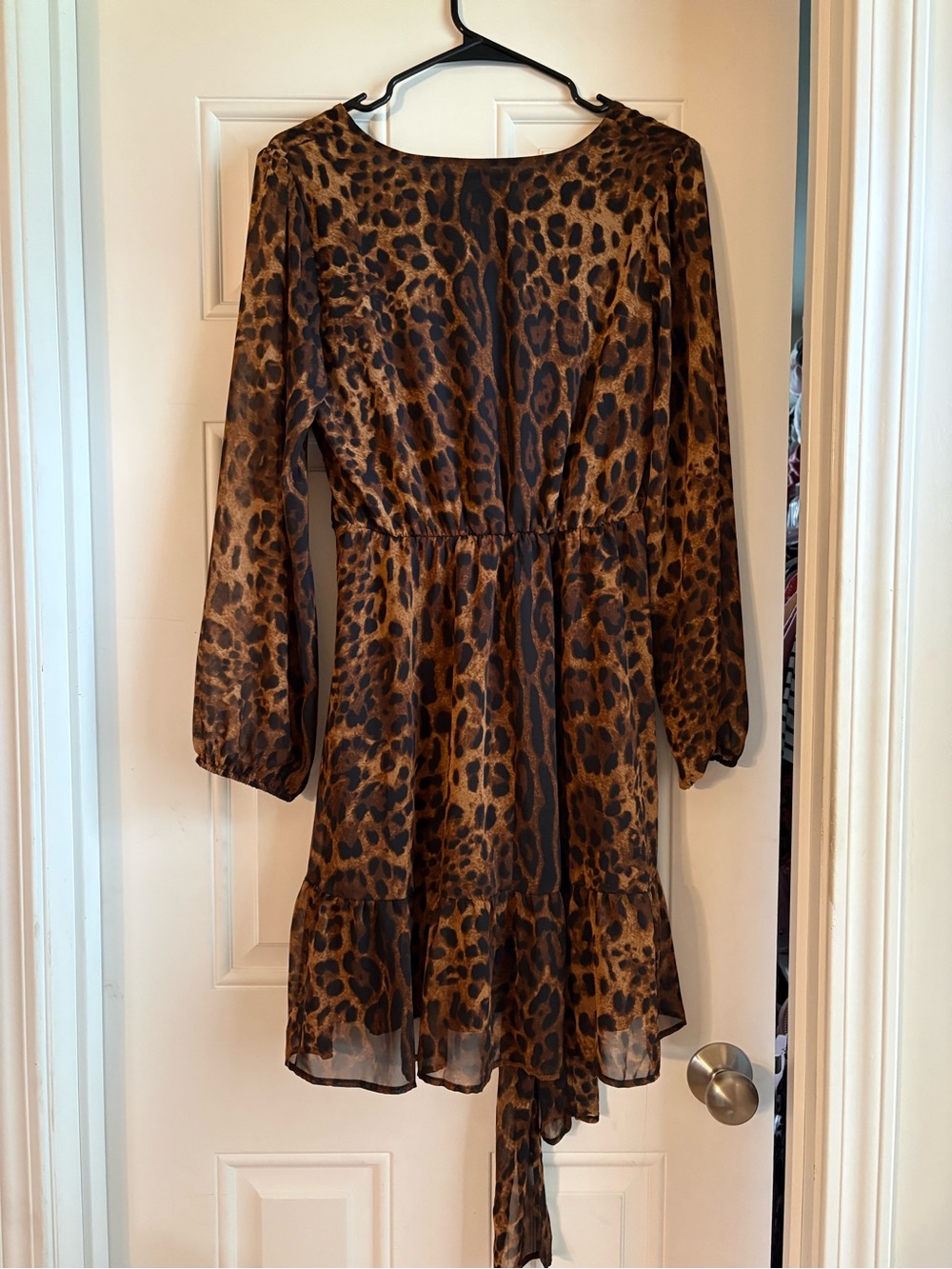 Women's Long Sleeve Leopard Print Wrap Dress in Brown - Picture 2 of 3